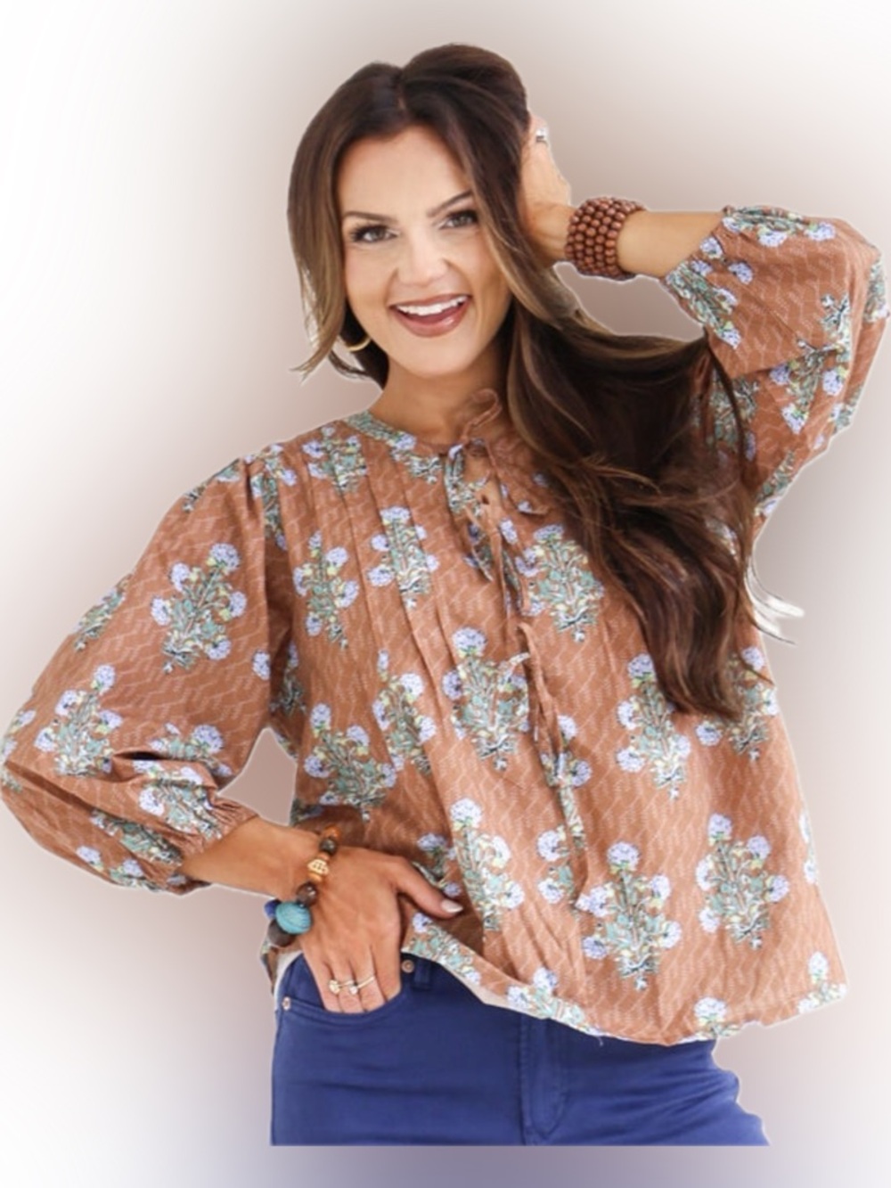 UMGEE NWT LargeBrown Floral  Blouse with Blue Paisley Accents